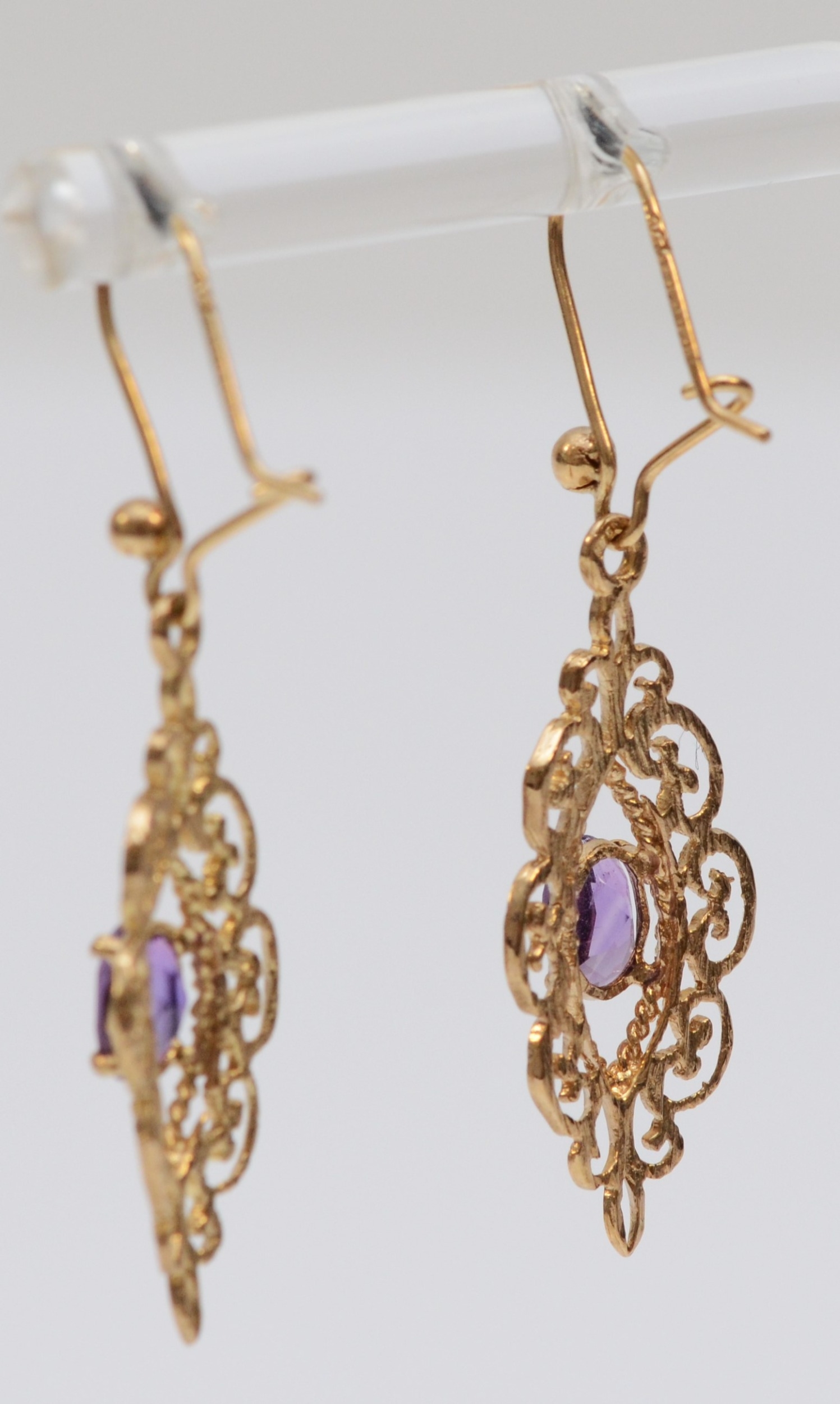 A 9ct gold pair of amethyst drop ear pendants, 25mm, 2.1gm - Image 2 of 2