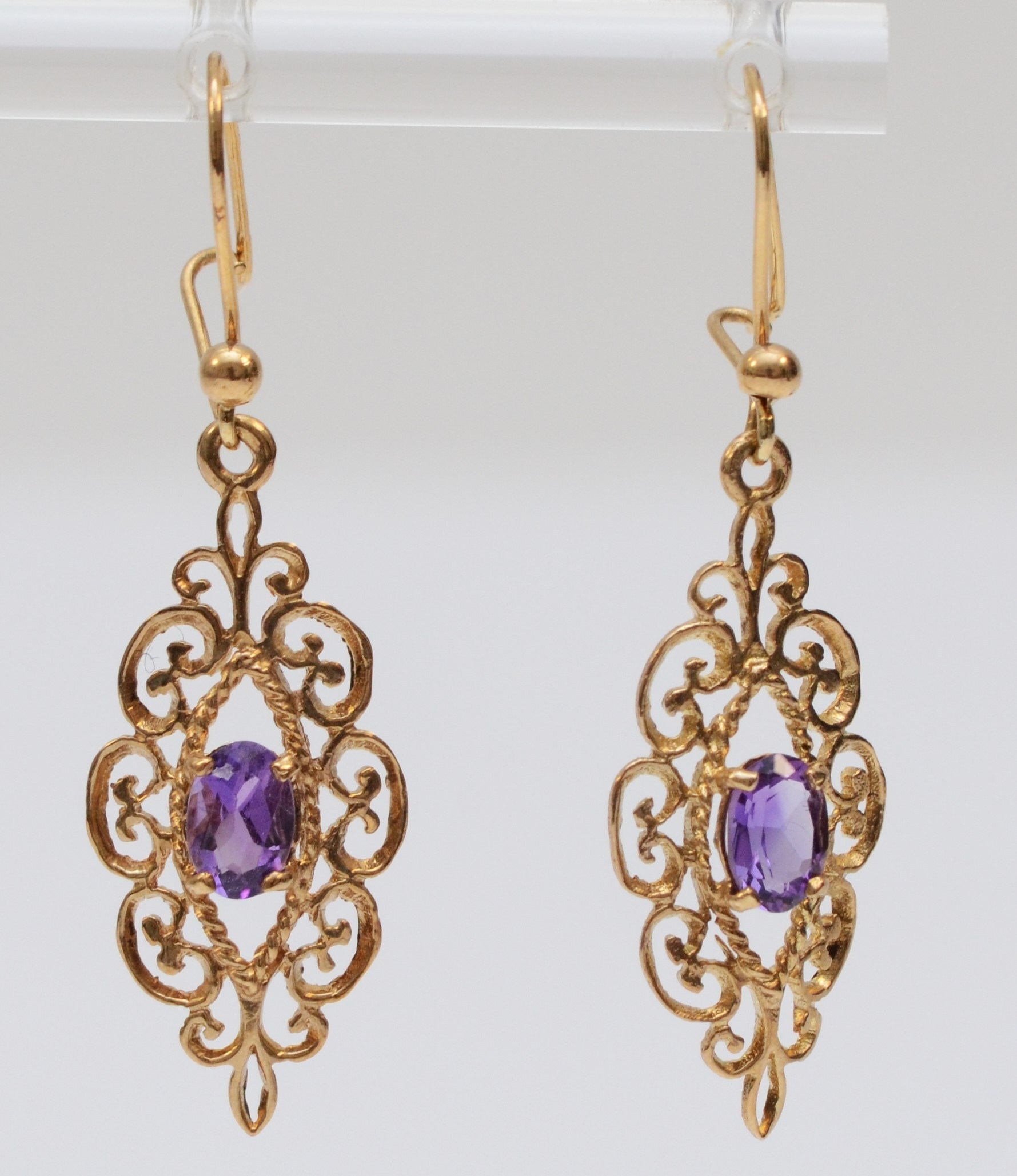 A 9ct gold pair of amethyst drop ear pendants, 25mm, 2.1gm