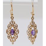 A 9ct gold pair of amethyst drop ear pendants, 25mm, 2.1gm