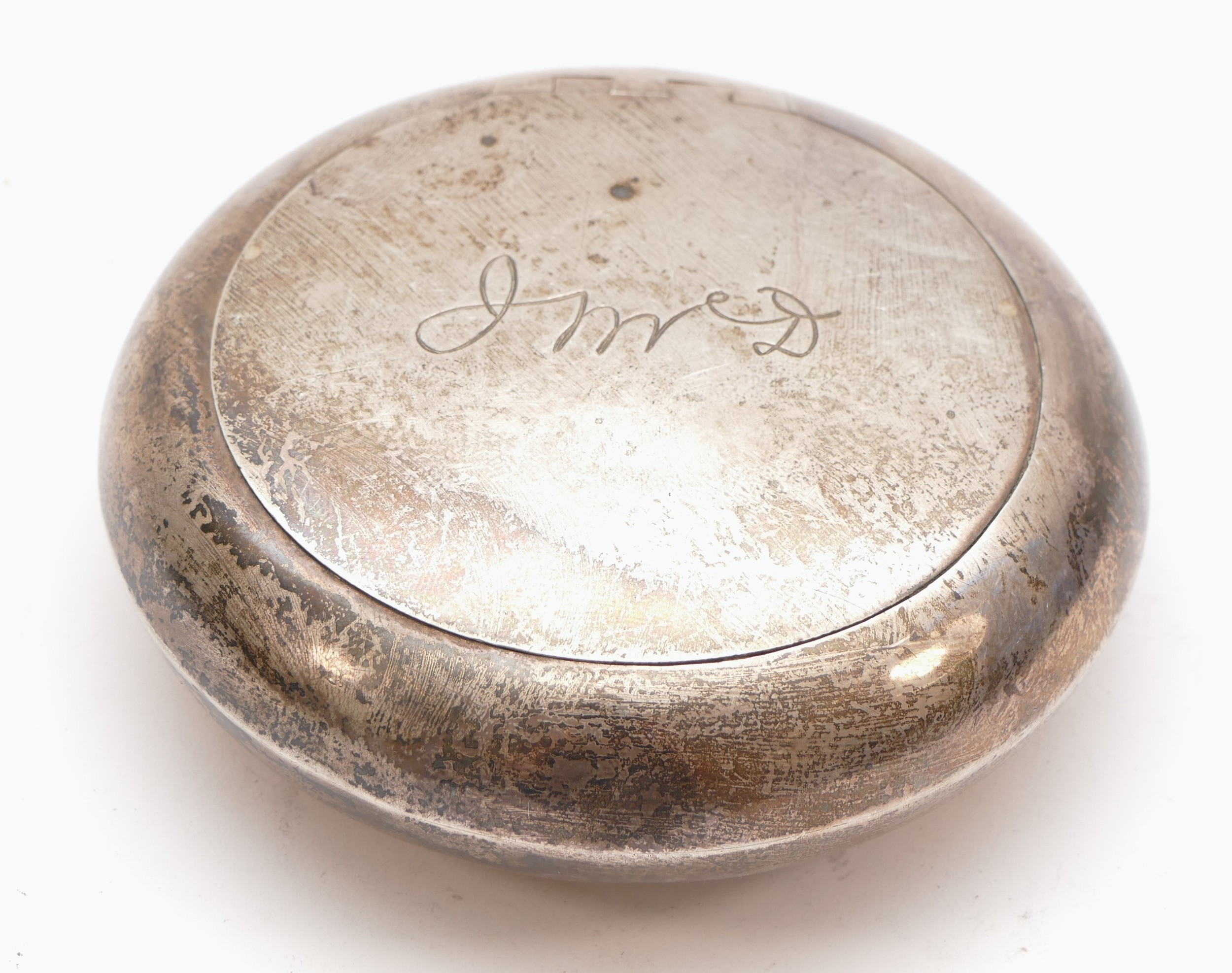 A circular silver presentation tobacco box, Walker & Hall, c.1918, inscribed "From The Old Hop