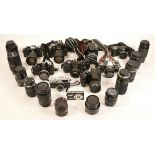 A Collection of Cameras, including Nikon EM x2, Sony Alpha 330, Minolta X-700, Lenses, Some