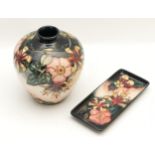 A Moorcroft vase and rectangular dish, in the pattern, 'Oberon', designed by Rachel Bishop, dated