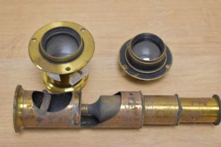 Two brass lenses one marked Lancaster Time 8 and a brass Microscope AF