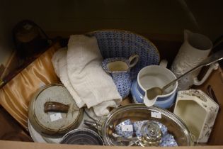A studio pottery cheese dish, a blue and white jasper ware style jug, a cased fish cutlery set, a
