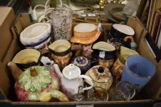 Six assorted small Toby jugs, a small cloisonne teapot, a decorative jam pot and a strawberry teapot