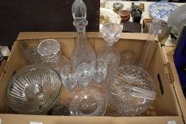 A carton of assorted glassware including decanters, glasses and dishes etc.