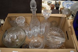 A carton of assorted glassware including decanters, glasses and dishes etc.