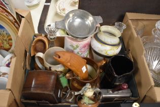 Four assorted decorative jugs, a quaich dish and a pair of glass candlesticks etc.