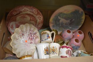 Three small pretty hand painted glass lamp shades, a small selection of pink and white ware, a Royal