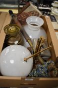 A miscellaneous selection of items including a vintage ceiling light, large oil lamp style shade,