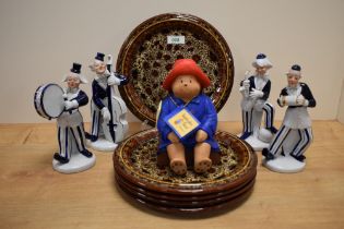 A Past Times Paddington Bear ornament, 17cm tall, four continental porcelain clown musician