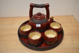 'The pier' Chinese stoneware pottery teapot, tray and cups.