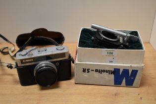 A vintage Canon Canonette Junior 35mm camera, and a set of Minolta camera bellows