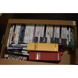A box of Playstation 2, Xbox, Wii, and PC computer games, plus books on Edgar Reitz's Heimar film