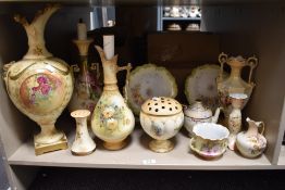 A selection of ivory blush ceramics, including vases, hat pin holder and similar.