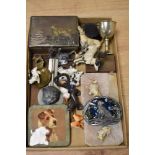 A miscellany of items, to include vintage tin with impressed spaniel to lid, compact with terrier