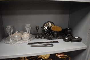 A selection of vintage dressing table items, including Art Deco pressed glass set with tray.