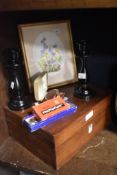 A Victorian mahogany jewellery box, with Mother of Pearl inlay, and fitted cloth interior, a pair of