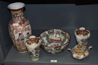 A pair of 20th century Japanese vases with handles and pagoda and landscape scenes, a Chinese bowl