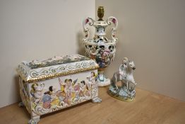 A Capodimonte lamp base and a lidded casket,af, lid has been siliconed shut, also included is a