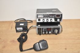 A vintage Midland 150M CB radio, an Interceptor JC300 CB radio, and a Eurosonic SWR-2T meter