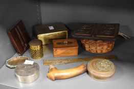 A miscellany of vintage items, including tin with Alsatian embossed to lid, treen money box,