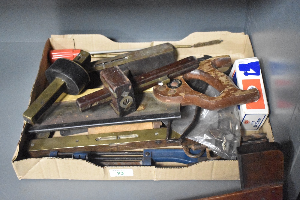 A box of assorted vintage hand tools and other items, including a W.Tyzack, Sons, & Turner