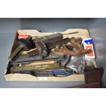 A box of assorted vintage hand tools and other items, including a W.Tyzack, Sons, & Turner