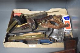 A box of assorted vintage hand tools and other items, including a W.Tyzack, Sons, & Turner