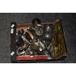 A box of silver plated ware, to include flatware, gadrooned sauceboat, berry spoons, and other