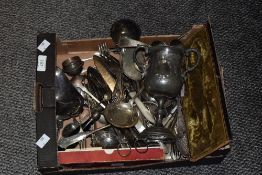 A box of silver plated ware, to include flatware, gadrooned sauceboat, berry spoons, and other