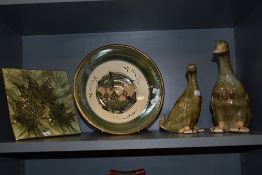 Two pottery duck studies, a Lancaster pottery bowl in lustre finish with halved apple and