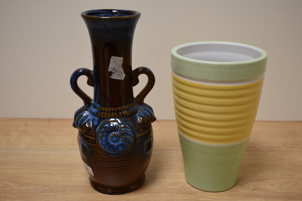 A scheurich West German vase, with green ground and yellow ribbed band, sold with another vase of