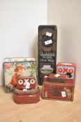 An assorted collection of 20th Century novelty advertising tins, including a Glenfiddich Pure Malt