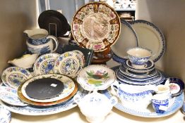 AN assortment of ceramics, including blue and white plates, Masons 'Regency' saucers, salt and