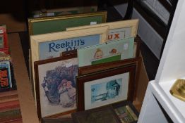A box of varied prints, etched brass wall plaques, framed Vintage style adverts and more.