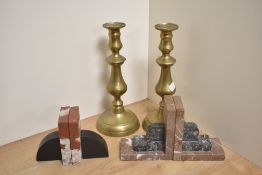 Two pairs of Art Deco geometric marble bookends, measuring 13cm tall, and a pair of Victorian