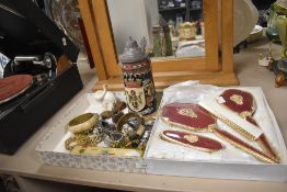 An Art Deco style four piece dressing table set with red embroidered design, and a box of costume