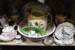 A mixed lot of vintage and antique ceramics, including wash basin, large jug, teapot, biscuit
