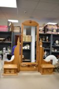 A pine triple dressing table mirror having two drawers to base.