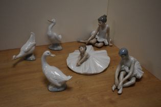 A group of five Nao by Lladro porcelain figurines and bird studies, comprising three ballerina
