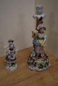 A Sitzendorf porcelain figural candlestick, formed as a young girl stood aside a lamb and tree