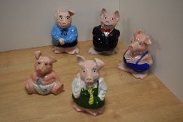 A full set or family of five wade Natwest 'piggy' money banks, Woody, Annabel, Maxwell, Lady
