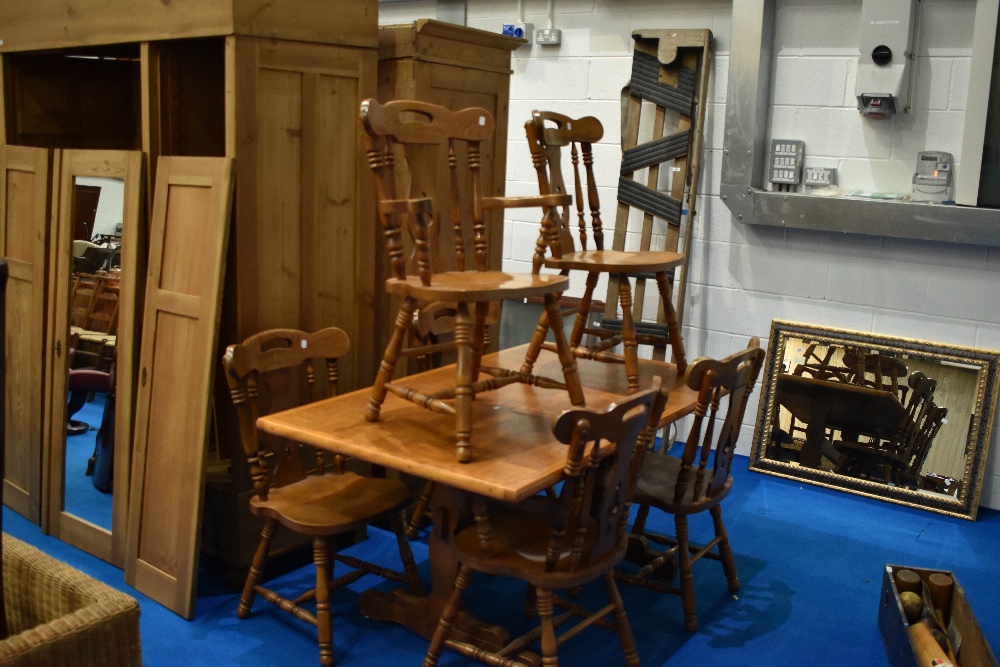 A vintage style farmhouse kitchen table and set of six (four plus two) chairs, table approx. 150 x - Image 3 of 7