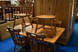 A vintage style farmhouse kitchen table and set of six (four plus two) chairs, table approx. 150 x