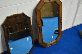 Two vintage oak framed mirrors, width approx 61 and 74cm