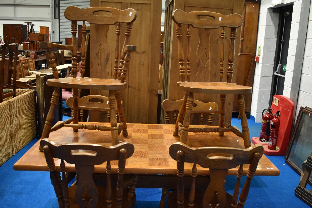 A vintage style farmhouse kitchen table and set of six (four plus two) chairs, table approx. 150 x - Image 4 of 7