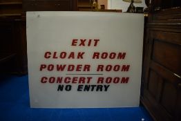 A vintage Perspex sign, 'Exit, Cloak room, Powder room, Concert room, No exit'. H 79 W 94cm.