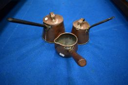 Three antique copper chocolate/milk pans