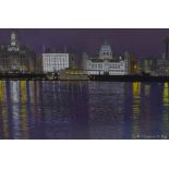 Chris Chadwick (20th Century), pastel, 'Liverpool Skyline', a colourful night time scene, signed and